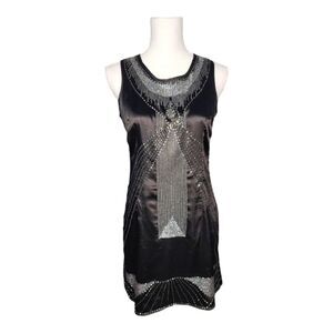 Vertigo Paris Beaded Sheath Dress Brown/Black Satin Silver Embellish Gatsby